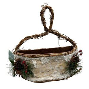 Rustic Birch Bark & Pine Cone Basket Handle Christmas decor wall handing READ